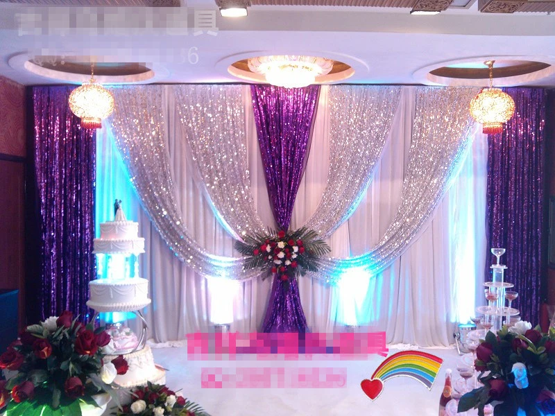 Top Luxury Wedding Backdrop 3x6m(10ftx20ft) Silver Purple Sequins Party