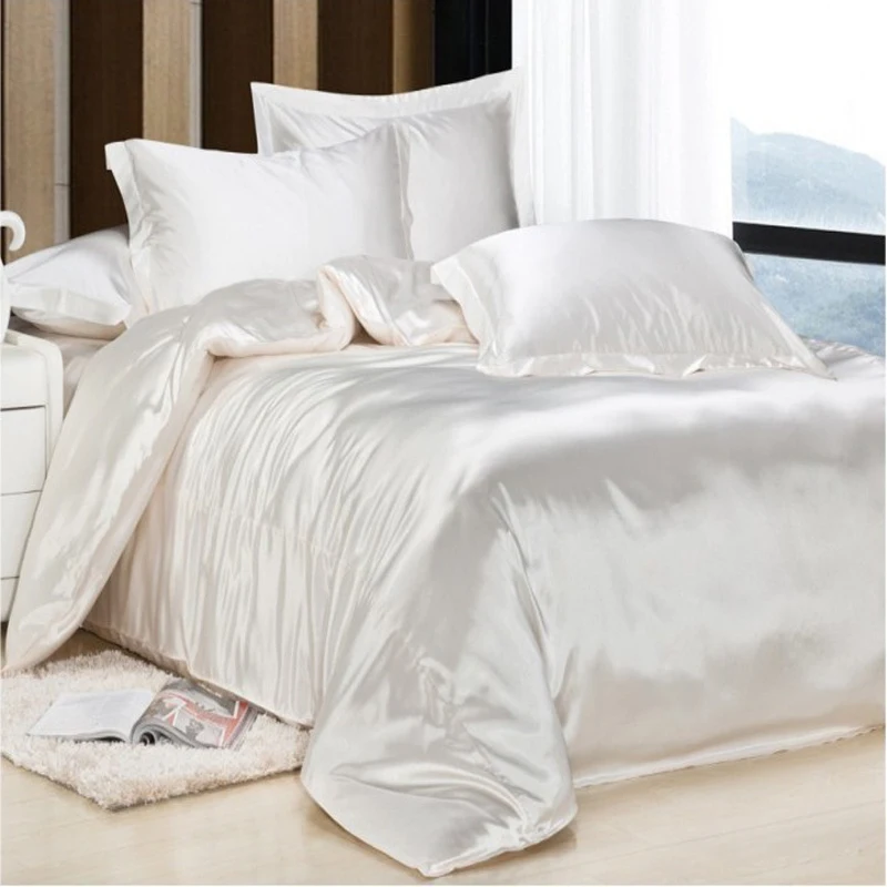 Luxe lait blanc soie Satin ensemble de draps housse de couette plat feuille hôtel linge de lit