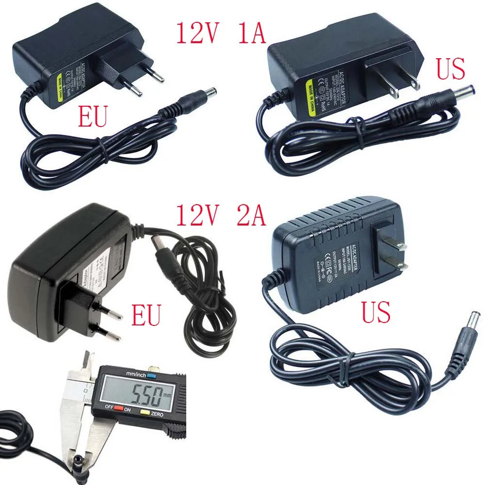 США ЕС Plug AC 100-240 В к DC 12 В 1A 2A Импульсные блоки питания конвертер адаптер трансформатора 5.5*2.5 мм
