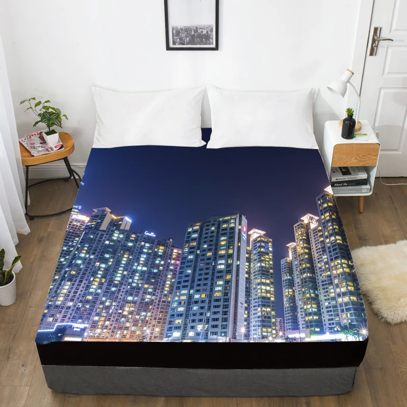 

3D HD Digital Printing Bed Sheet With Elastic,Custom Fitted Sheet 160x200,City Night Mattress Cover Bedding Twin/Full/Queen/King