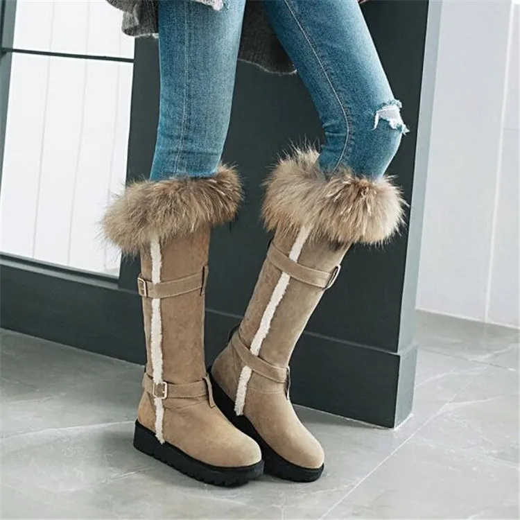 Plana Femeninos Comodidad Plataforma Botas 2018 Invierno Larga Zapatos Caliente Conejo Pxelena Decoración Nieve Rodilla Beige negro Lujo Piel Mujeres De Nuevo CxwwqWOTU