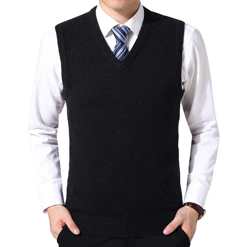 HEFLASHOR, мужской Однотонный свитер, жилет, мужской шерстяной пуловер, брендовый, v-образный вырез, без рукавов, Hombre, Вязанный жилет, зимняя повседневная одежда, топы - Color: black gray1