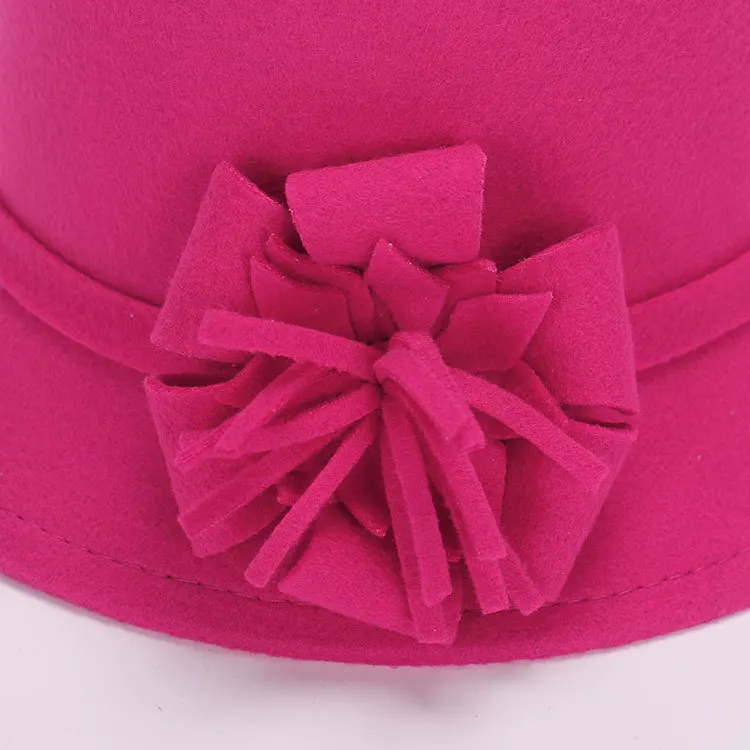 Модные женские головные уборы с бантами и розовыми цветами Для Девочек, Модные котелок из шерсти дерби, осенне-зимние теплые шляпы для принцессы для влюбленных