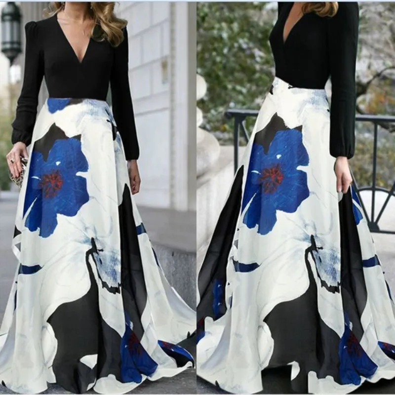 

Womens Dress Long Sleeve Floral Print Spliced Sexy Deep V-Neck Boho Vintage Long Dress Fashion Evening Party Dress Autumn Womens