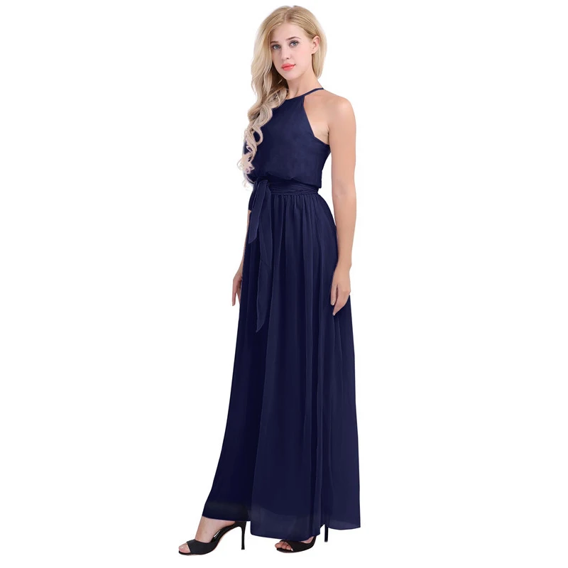 Vestido de Dama de Honra Festa de Casamento sem Mangas Vestido de Baile de Formatura Vestido de Comprimento Mulheres Senhoras Elegante Chiffon Longo Halter Completo 15 Casamentos e Eventos