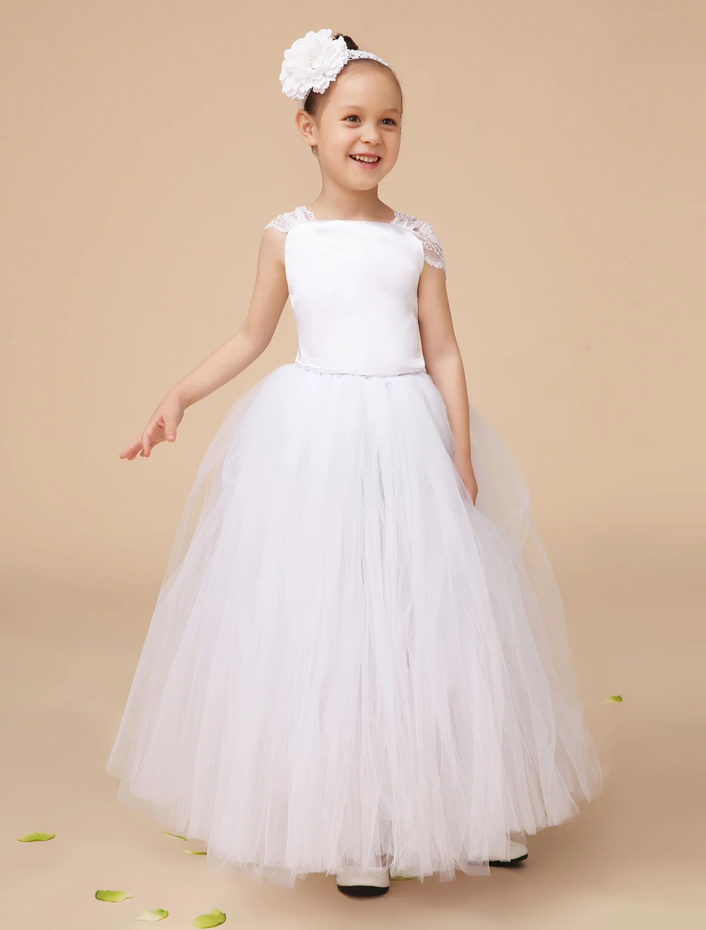 Fashion Ivory little girls dresses with lace straps elegant formal wedding flower girls dresses headpiece is