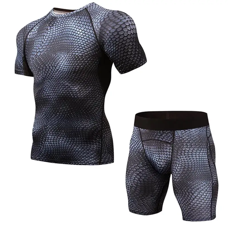 Дышащая новая сжатия костюмы для Для мужчин ММА Rashguard Рубашка с короткими рукавами рубашки сжатия Короткие штаны Base Слои Наборы для мужчин
