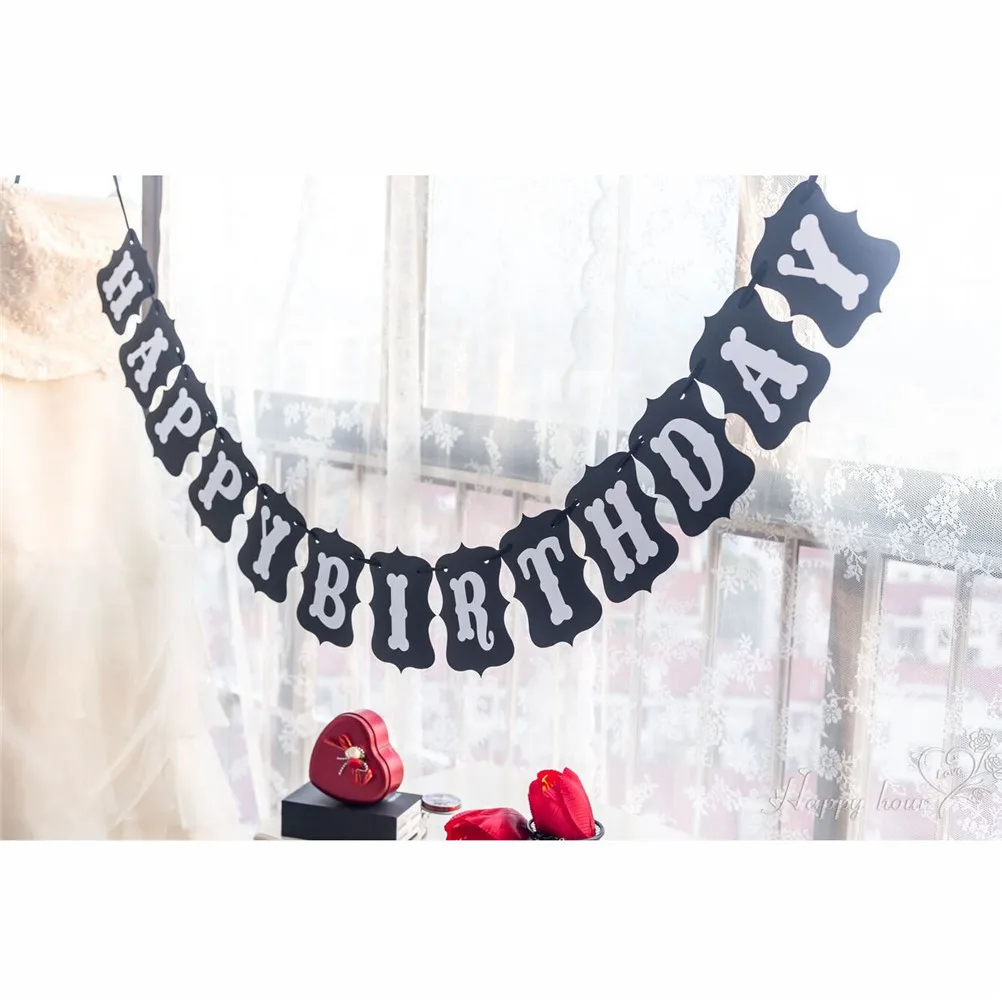 Banner Garland "HAPPY BIRTHDAY" Black Paper Bunting Pennant Flags For Baby Birthday Home Party DIY Decorative Supplies