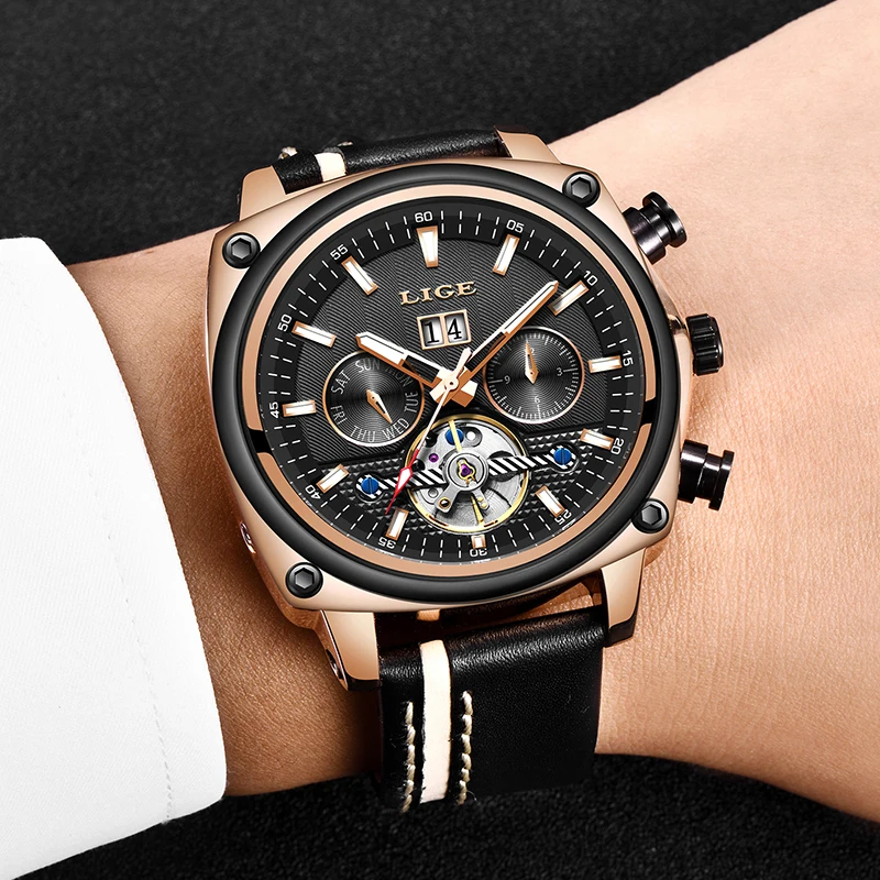 LIGE Мужские часы механические Tourbillon Роскошные модные брендовые кожаные мужские