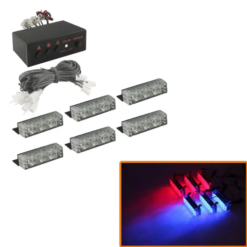 

6pcs 3 LED Flash Car Boat Grill Bar Emergency Warning Police Grille Light Blue + Red Color Lamp for Car Vehicle Accessory