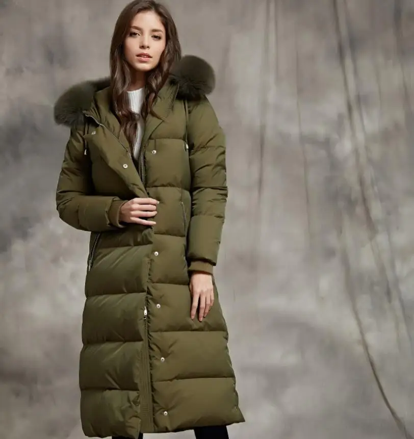 Зимний модный бренд 90% белый гусиный пуховик женский большой натуральный лисий мех воротник с капюшоном теплый гусиный пух пальто wq409 - Цвет: green