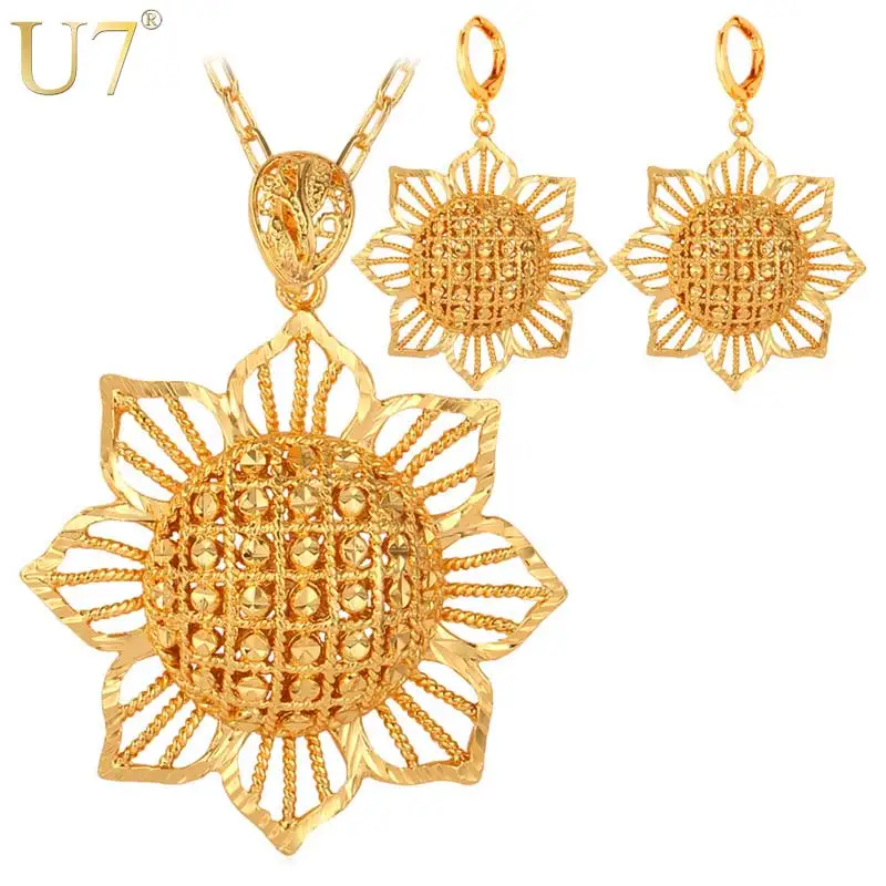 

U7 Dubai Gold Color Jewelry Set With Trendy Party Round Earrings Big Sun Flower Necklace Set For Women Gift S733