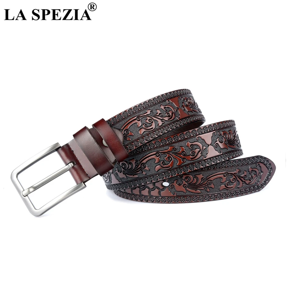 

LA SPEZIA Vintage Belt Men Genuine Cowhide Leather Pin Buckle Belt Male Coffee Real Leather Italy Embossed Flowers Square Belts