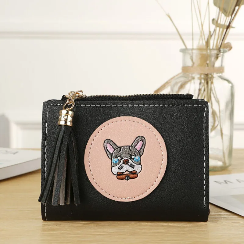 

Women Short Wallet Simple Hasp Coin Purse Card Holders Wallet Female Fringed Puppy Pattern Womens Purses