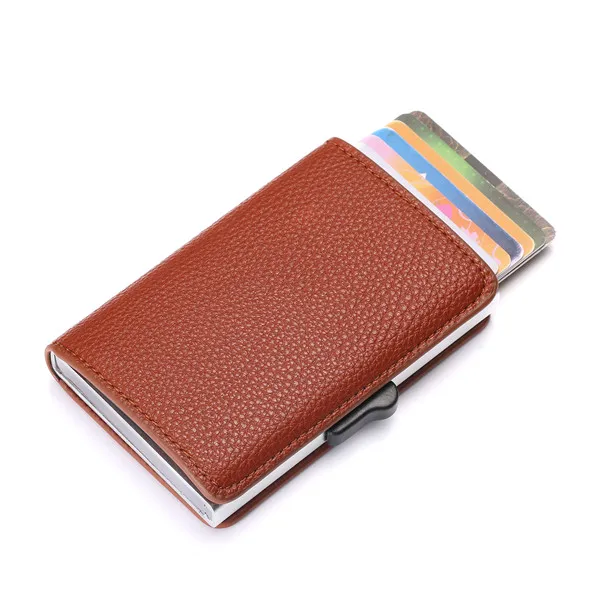 BISI GORO/ новой кредитной держатель для карт с защитой от RFID, для карт чехол-кошелек для путешествий Алюминий коробка модные кожаные сандалии; мягкие кожаные тонкий футляр для карт для мужчин - Цвет: Brown X-88