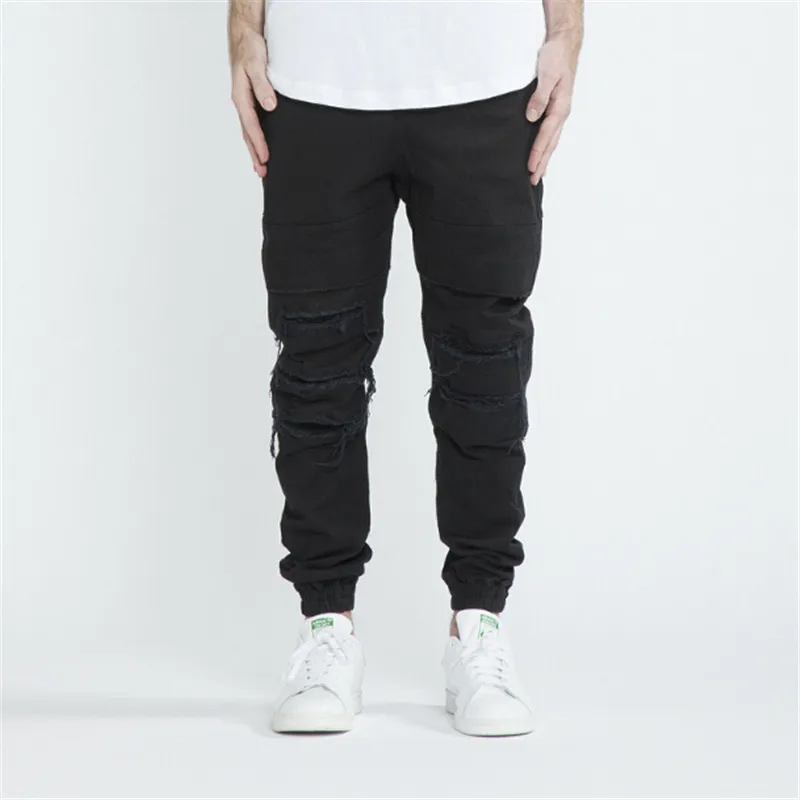 

2016  Mens Ripped jogger jeans Ankle length biker jean Harajuku slim fit broken Knee rip pants with