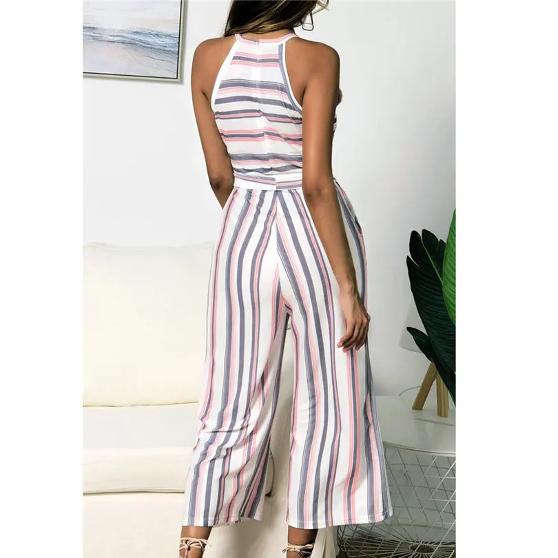 New Fashion Women Summer Sexy Sleeveless Multicolour Striped Jumpsuit Clubwear Wide Leg Pants Outfit Long Pants Jumpsuit #4A18 (19)