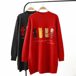 Плюс размеры темно серый и красный мультфильм зима для женщин пуловеры для 2018 Водолазка вязаная повседневное дамы более