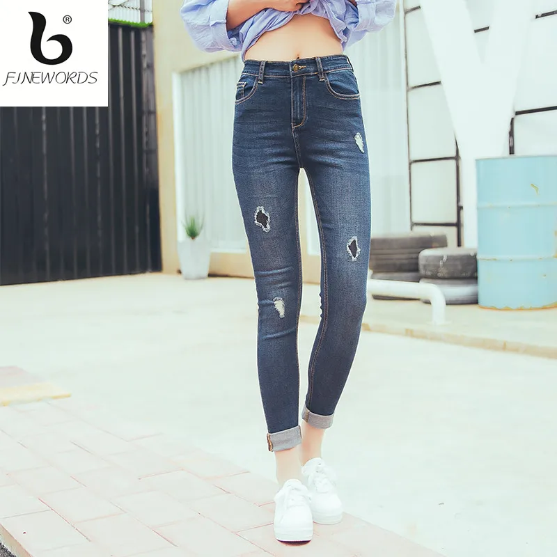 FINEWORDS Ripped Hole Patch Elasticity Skinny Jeans Woman Push Up Denim Pant Legging 2 Color Plus
