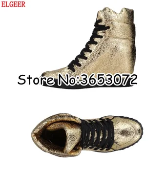 

Gold Silver Original Leather High Top Women Casual Sneakers Shoes Hidden Wedge Lady Short Ankle Boots Shoes Lace Up Lady Shoes