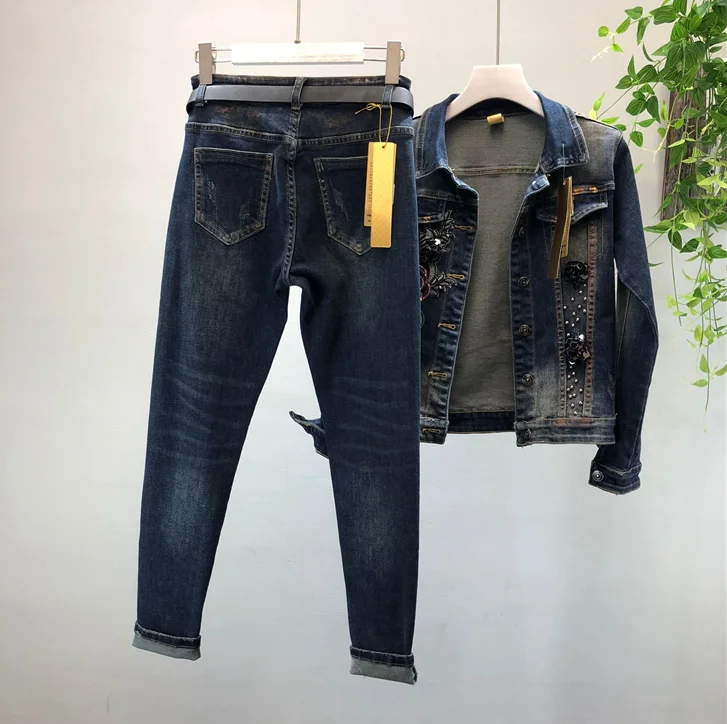 2019 Spring Autumn Woman Long-sleeve Denim Jackets Embroidered Coat + Dark Blue Retro Jeans Two Piece Sets Slim Pencel Pants Set plus size pjs