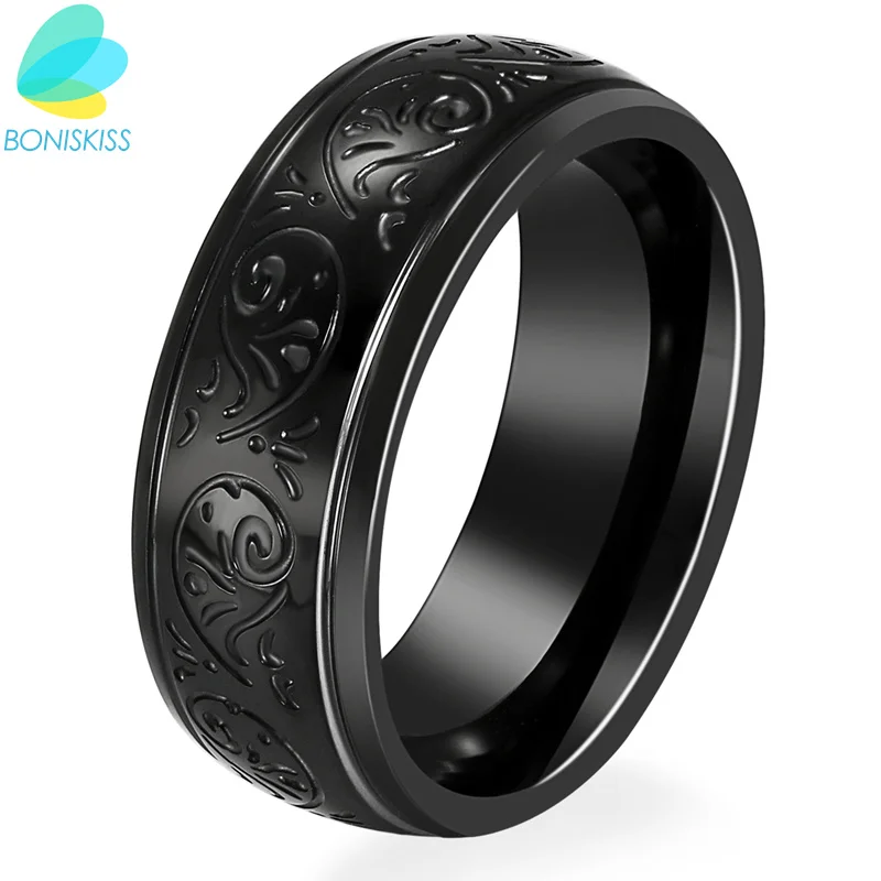 Boniskiss Black Flower Ring Fashion 8mm Famous Brand Men Jewelry Figure Rings Luxury Stainless Steel Bijoux Ring Anillos
