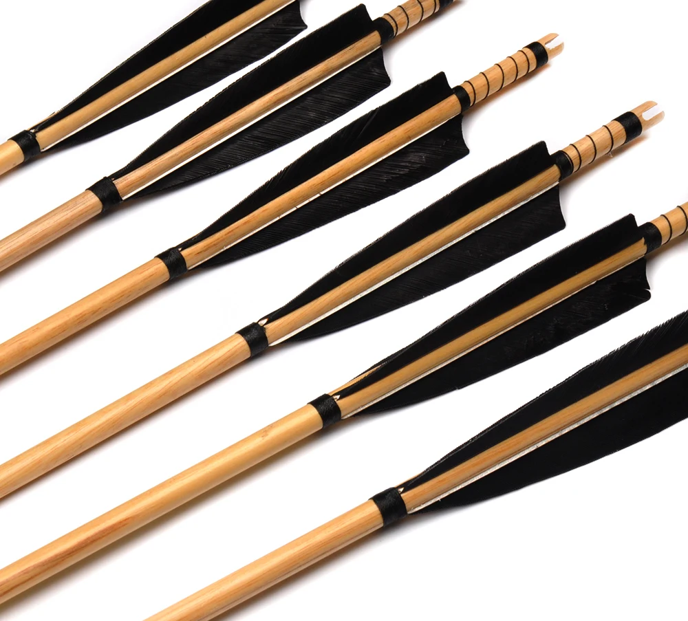 Setas de Madeira com Pontas de Setas e Perus Pena para Recurvo 85cm Espinha 500 Pretos Longbow Caça Tiro 6 - 12 24 Pçs 14 setas de madeira com pontas de setas