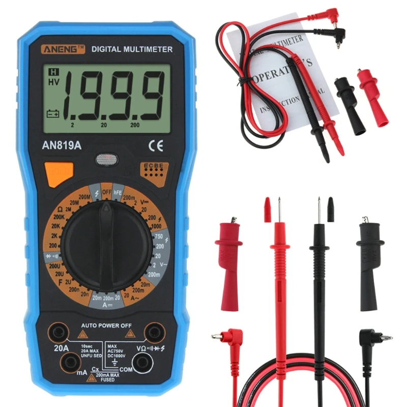 

AN819A Digital Multimeter 1999Counts Backlight LCD AC DC Tester + Crocodile Clip