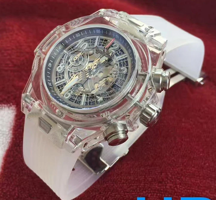 

Luxury Brand New Men Quartz Chronograph White Silver Plastic Stainless Steel Sapphire Transparent Stopwatch Luminous Watch AAA+