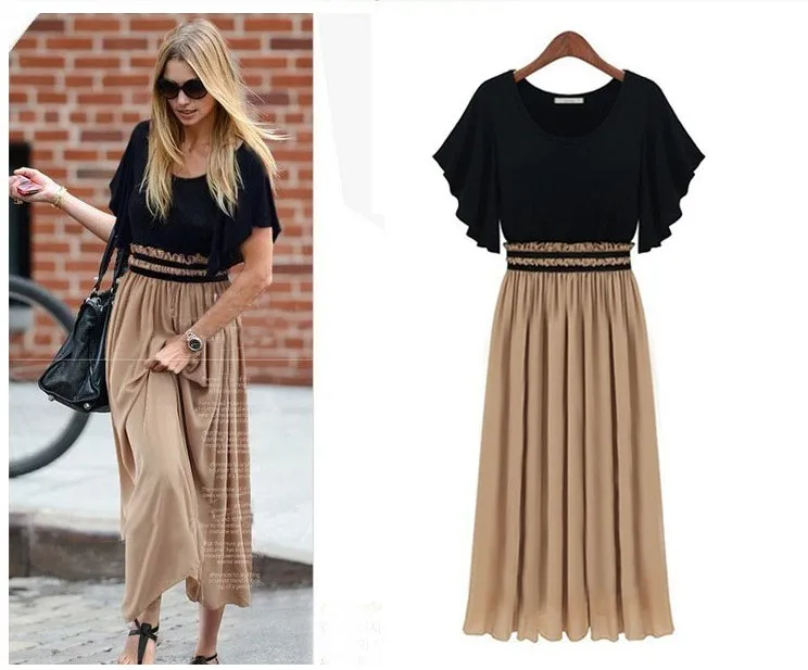 

M-4XL Fashion knitted patchwork chiffon plus size clothing short-sleeve slim waist one-piece dress women's summer dress Hot