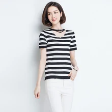 Новая Летняя женская футболка хлопок вышивка полосатый Повседневный прямой короткий рукав v-образный вырез футболки, топы, футболка vogue богемные