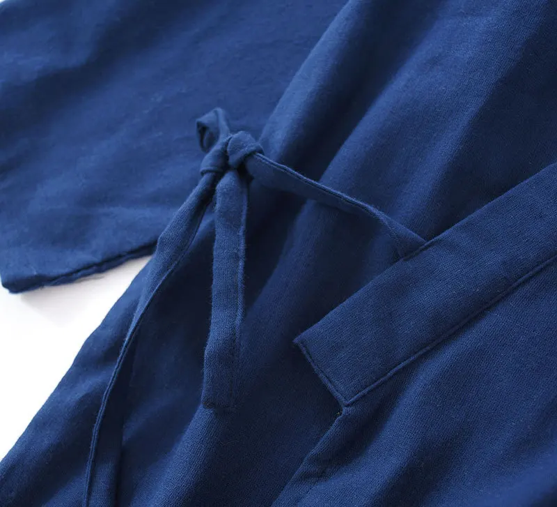Japanese Style Men Kimono Bathrobe Gowns Navy Blue Cotton Home Clothing Loose Male Long Sleeve Robes Sleepwear Casual Nightwear
