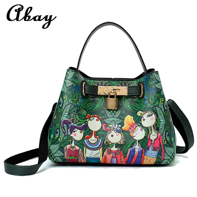 

2019 luxury new fashion Desigu bag PU leather printing handbags ladies messenger bag green bucket shoulder bag Sac a main