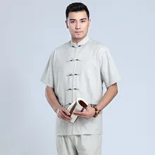 Летнее мужское однотонное хлопковое белье, 2 предмета, рубашка и брюки, винтажный Улучшенный китайский костюм танга, свободный мужской плюс размер, комплект кунг-фу, 3XL 4XL