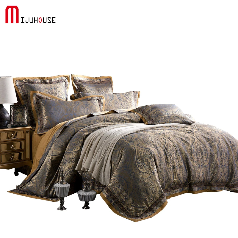 

High Grade Cotton Satin Jacquard Bedding Set 4Pcs European Style Luxury Viscose / Cotton Duvet Cover Sets Bed Sheet Embroidered