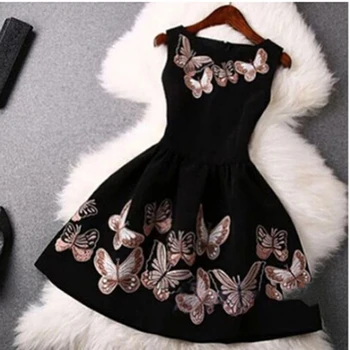 

Women Casual Sleeveless Elegant Party Dress Sexy Black Mini Dress O-Neck Slim Print Big Swing Ladies Dresses Vestidos