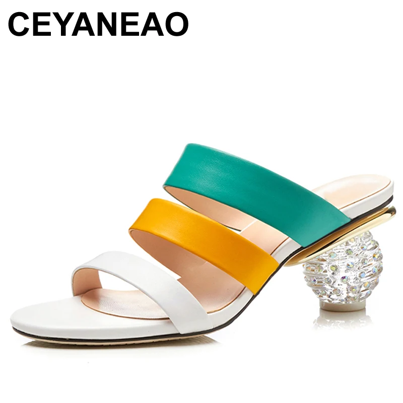 

CEYANEAORound Toe Rhinestone Sandals Fashion Mixed Colors High Heels Woman Sandals Summer Open Toed Women High Heel SandalsE1781