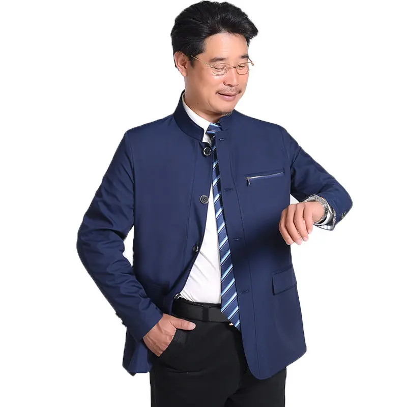 Man Business Casual Jacket Beige Navy Blue Coat Mandarin