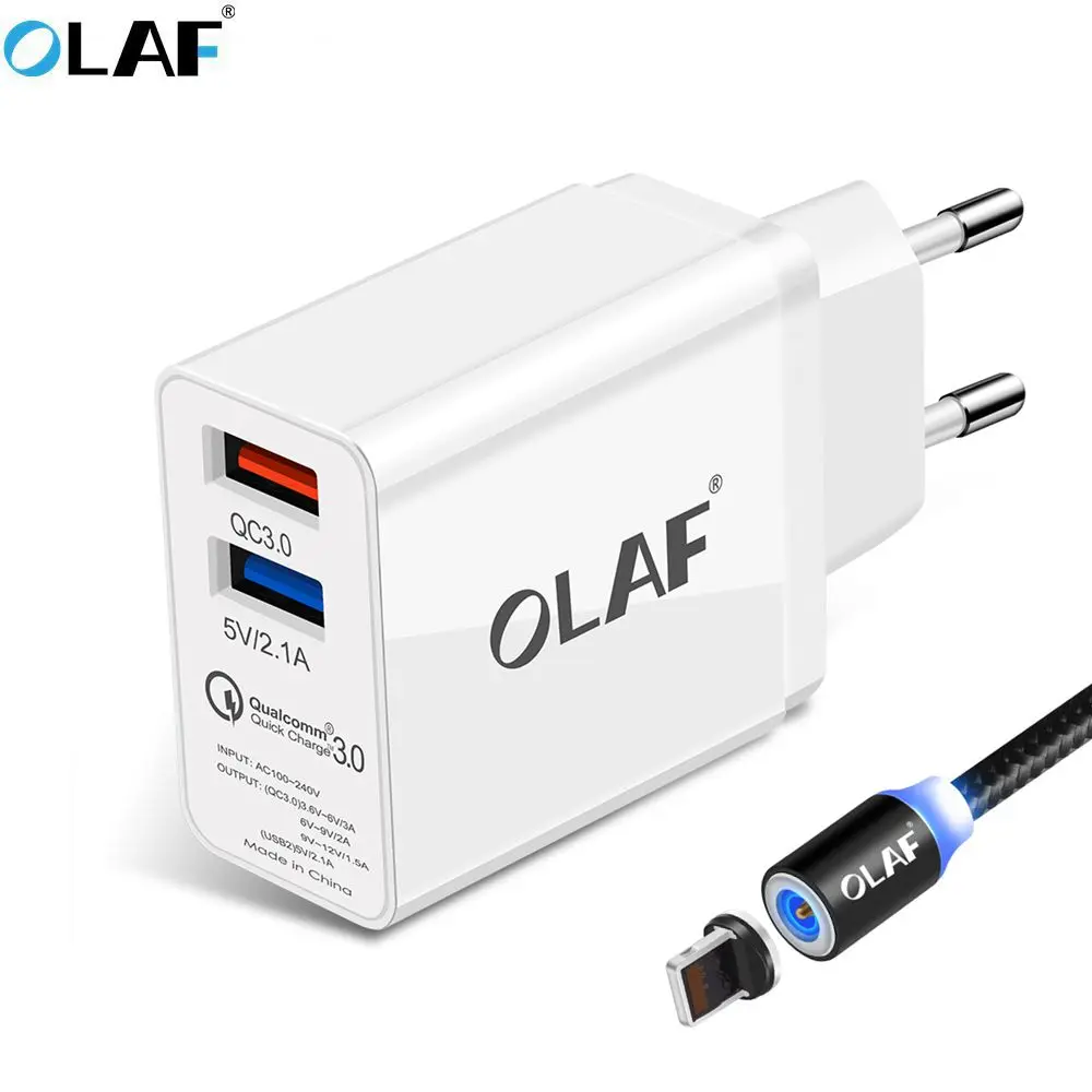 Зарядное устройство OLAF с двумя портами USB, 30 Вт, быстрая зарядка 3,0, зарядное устройство для мобильного телефона, для путешествий, штепсельная вилка европейского стандарта, настенный адаптер, магнитный кабель Micro USB - Тип штекера: Add Black Micro Cord