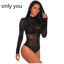 

ONLY YOU Bodysuit Long Sleeve Women Winter Black Sheer Mesh Geometric Velvet Body Suit Combinaison Femme Jumpsuit Romper 32166