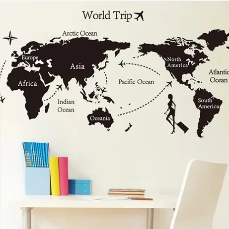 Большие размеры карта мира черные настенные наклейки карта мира домашний декор для детской комнаты путешествия самолет настенные наклейки для спальни