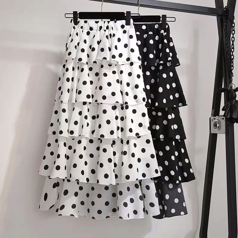 

Women Skirts Long Black Korean version of high waist Chiffon Polka dot mosaic cupcake skirt Bohemian beach Plus Size Skirts