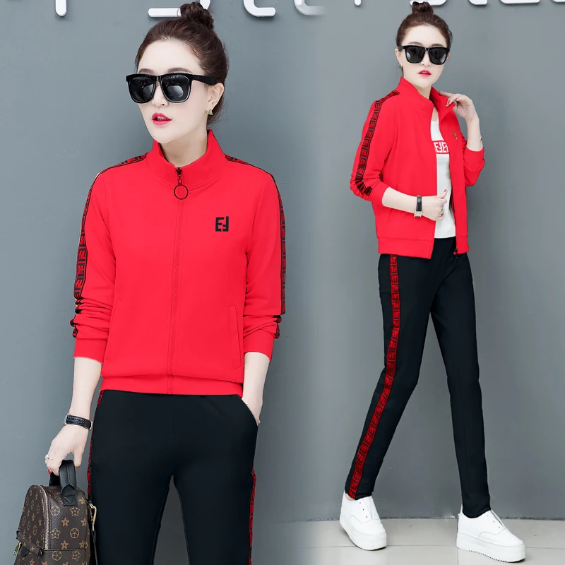 Plus size three piece outfits women sports tee and jacket pant casual sets |