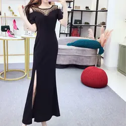 Элегантная Дамская офисная обувь черные летние торжественное платье пикантные длинное платье одноцветное Вечеринка платье Для женщин Maxi