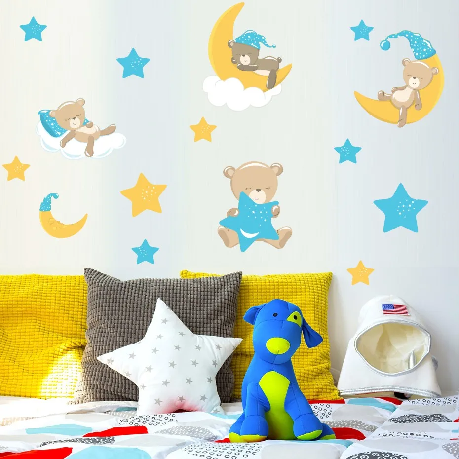 

Cute Animals Children Teddybears & Stars Wall Sticker Brown And Blue Decals High Quality For Kids Nursery Room Home Decoration