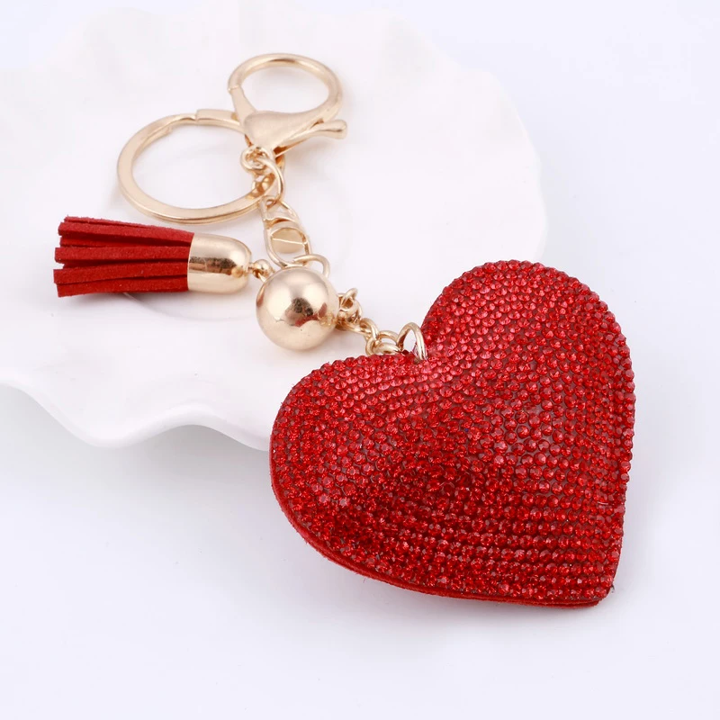 6 Colors Love Heart Pendant Key Chains For Girls Tassel Design Red Crystal Brilliant Bag Pendant