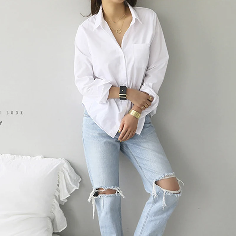 

Woman Long Sleeve Blouse White Shirt Ladies Pocket Shirt Women Casual Tops Elegant Female Blouses