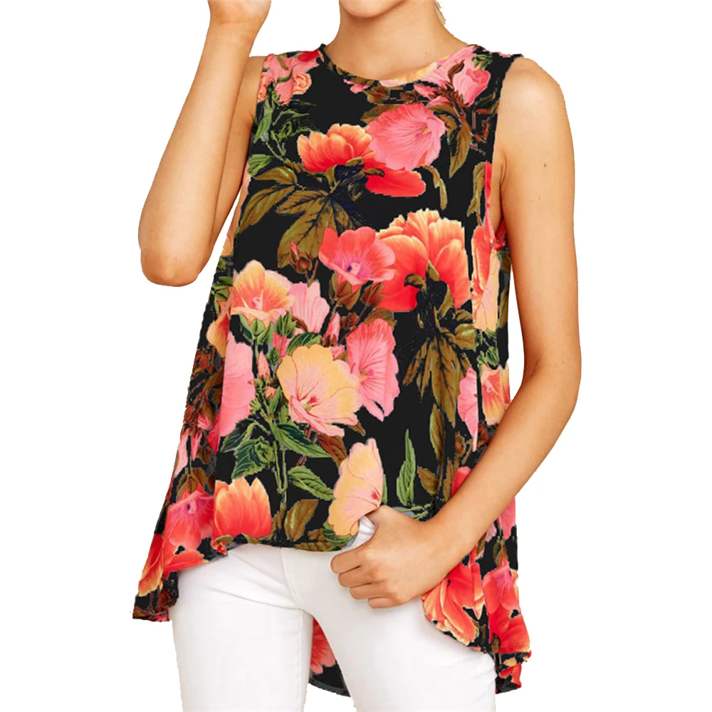 

Women Loose Chiffon Blouse Shirt Casual Floral Printed Round Neck Sleeveless Asymmetrical Blouse Tops WDC2405