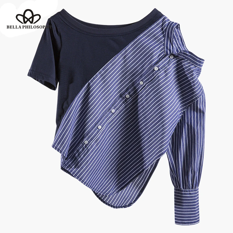 

Bella Philosophy 2019 New Spring Summer Stand Collar Long Sleeve Blue Two Ways Wear Loose Striped Shirt Women Blouse