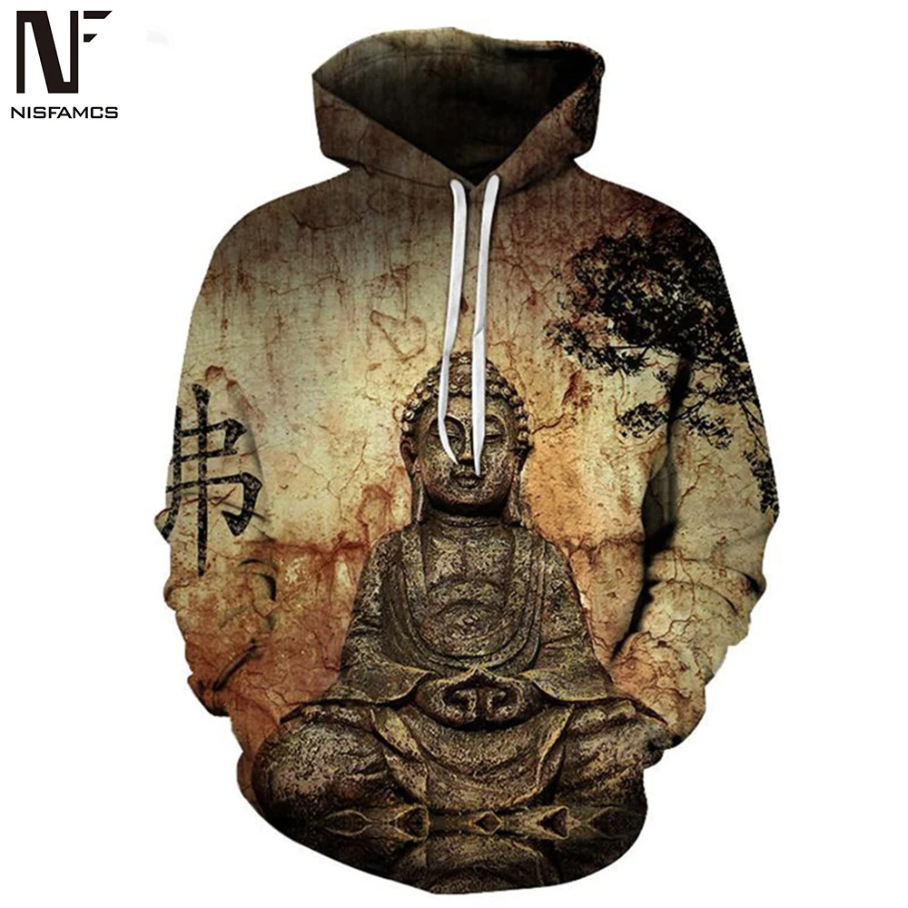 

Buddha Statue Men Hoodie Street Punk Rock Cool Tracksuit Hoody Harajuku Fitness 2019 Newly Male Hoodies Chinese Buddha 3D Tops